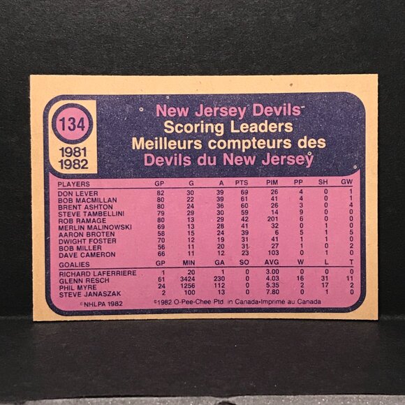 1982-83 OPC Hockey New Jersey Devils Card #134, Steve Tambellini - Picture 2 of 2